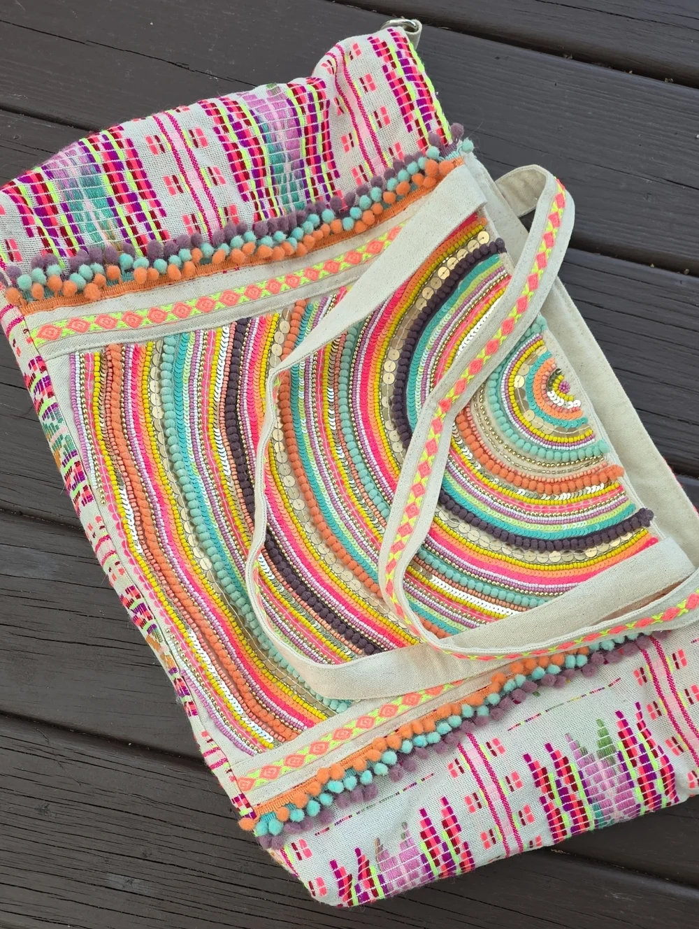Bohemian Multicolor Embroidered Throw Bag with Pom Trim